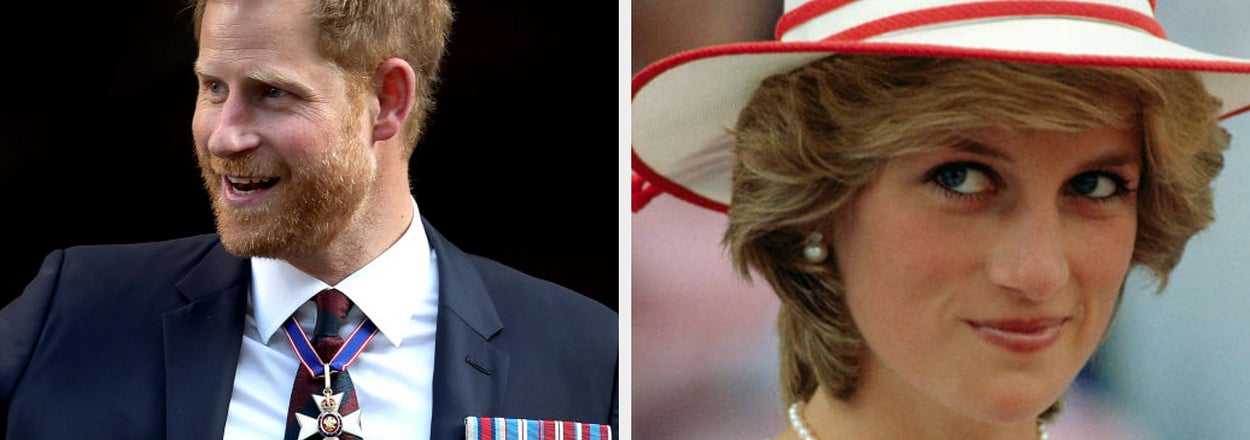 Prince Harry wearing medals and a suit; Princess Diana in a white dress with red accents and a matching hat