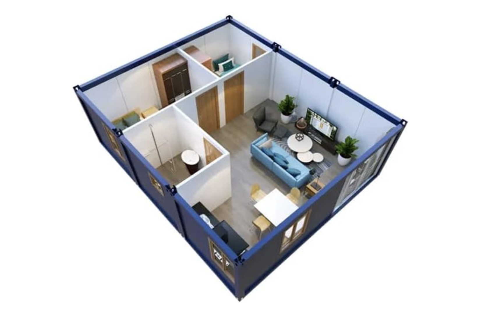 A modern, compact studio apartment layout with designated areas for living, kitchen, bed, and bath