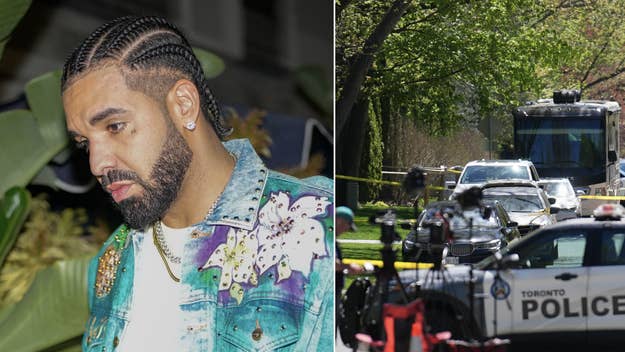 Drake in a bejeweled denim jacket. Second image: police vehicles behind crime scene tape