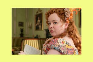 Nicola Coughlan as Penelope Featherington in a scene, wearing an embellished gown with floral headpiece