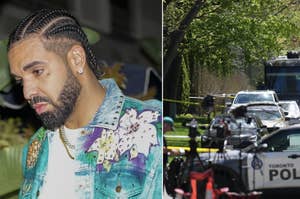 Drake in a bejeweled denim jacket. Second image: police vehicles behind crime scene tape
