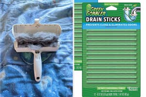 Lint-filled roller on a blanket; Green Gobbler Drain Sticks package