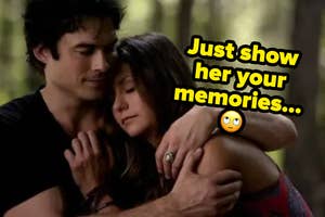 Damon hugging Elena with the words "Just show her your memories."