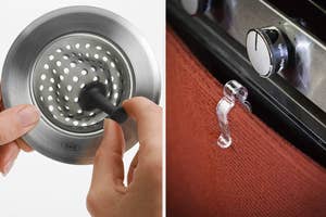 Two innovative household items: a sink strainer being lifted and a transparent wall hook on fabric