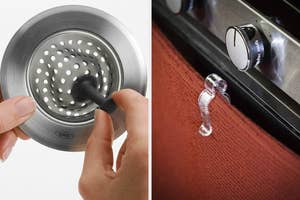 Two innovative household items: a sink strainer being lifted and a transparent wall hook on fabric