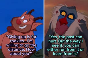 Two animated characters, Timon and Rafiki from The Lion King, with inspiring quotes