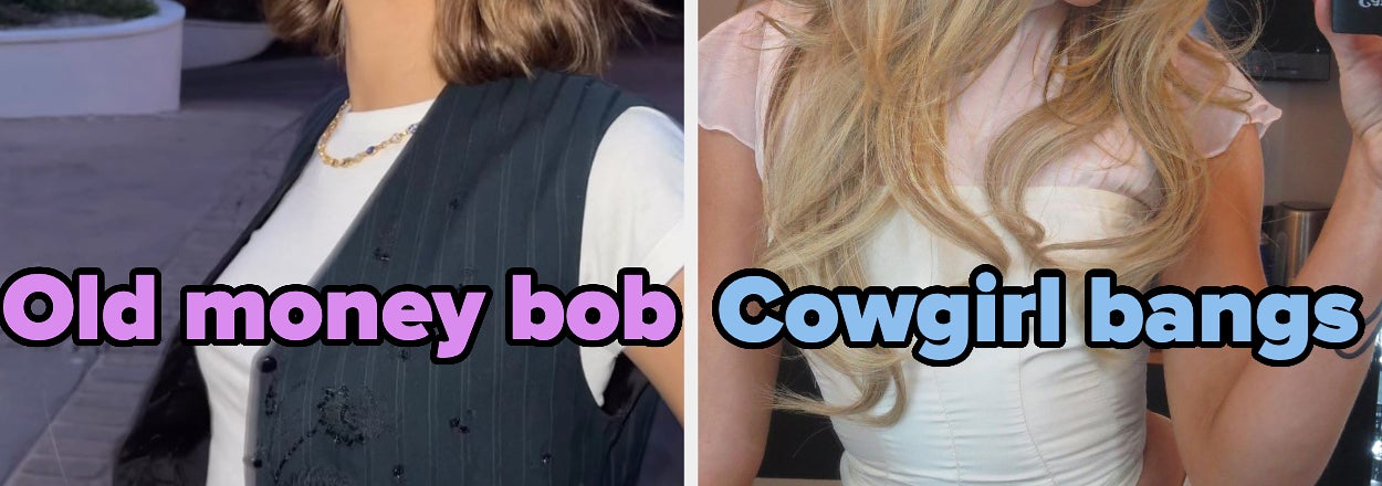 Imagen dividida con dos estilos de peinado, etiquetados como "Old money bob" y "Cowgirl bangs"