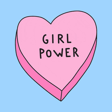 pink girl power heart pulsing over light blue background. 