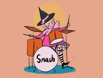 cartoon witch playing the drums while smash the partriarchy appears on the drum set. 