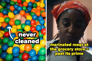 Two split images: left shows a child in a ball pit with text overlay, right shows a person in a store with text about meat quality