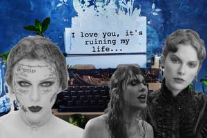 Taylor Swift is depicted thrice from her "Fortnight" music video with tattoos, rain-soaked, and in a fancy dress." These are overlaid on a typewriter with the words "I love you, it's ruining my life..."