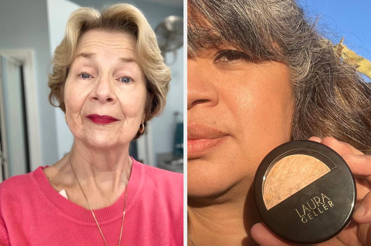 A woman holds a compact of Laura Geller makeup, close-up on half her face, and lipstick visible