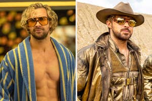 Aaron Taylor-Johnson wearing sunglasses and shirtless under a striped robe on the left and Ryan Gosling in a futuristic cowboy outfit on the right