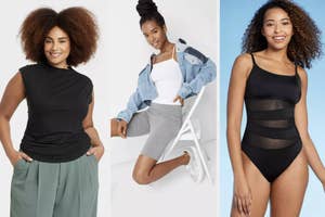 Three women model different tops, including a tank top, cropped tee, and draped turtleneck for shopping choices
