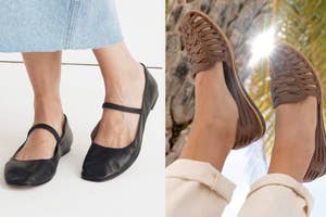Two different pairs of casual women's shoes modeled on feet, one black with strap, one brown woven loafers