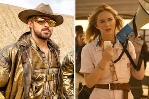 Ryan Gosling in a futuristic outfit and cowboy hat on the left and Emily Blunt on set as a director on the right