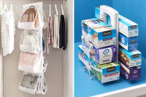 Assorted storage solutions for organizing closets and kitchen items showcased on shelves