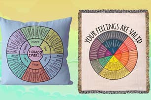 Left: "How Do I Feel?" feelings pillow, Right: Your Feelings Are Valid blanket with feelings wheel