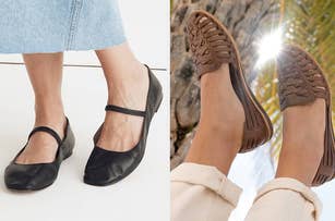 Two different pairs of casual women's shoes modeled on feet, one black with strap, one brown woven loafers