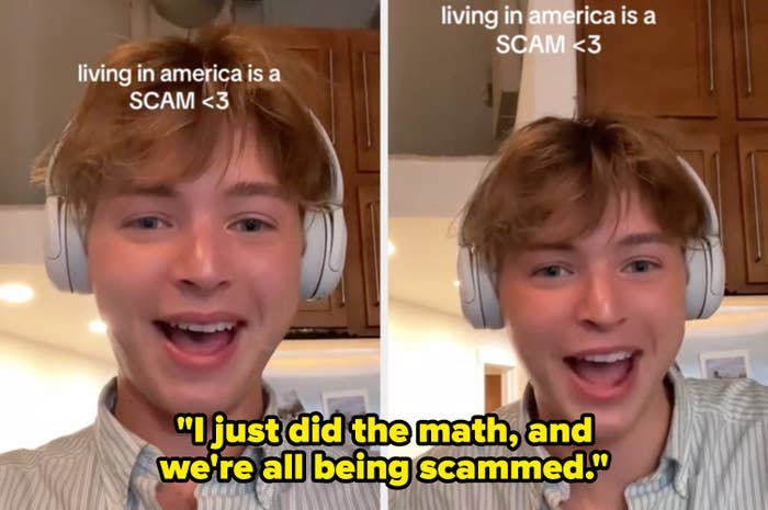 Person smiling with headphones, text reads "living in america is a SCAM <3"