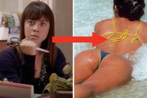 Two side-by-side scenes: Left - woman with scissors, right - close-up on a bikini-clad person with untied straps
