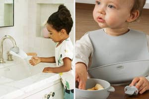 Two toddlers use innovative spill-proof products: one washes hands with a faucet extender, the other uses a suction bowl
