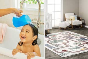 Child smiling during bath time; playful area rug with roads and buildings in a nursery
