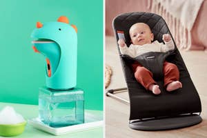 Dinosaur-shaped soap dispenser on left; content baby in a modern bouncer on right