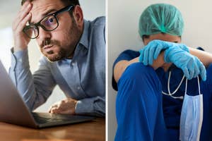 Split image: left, man with glasses looking at laptop screen; right, healthcare worker with head down, hands clasped