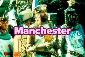 "Monty Python" knights in armor, with text "Manchester" overlayed