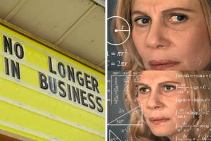 Meme with a woman thinking, overlaid with complex math equations, beside a "No Longer in Business" sign