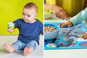 Toddler with a toy on the left, another's hands with a placemat and cereal on the right, showing kids' mealtime products