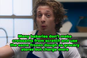 Person in a kitchen expressing surprise with a text overlay about bakeries using frozen dough