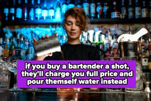 Bartender behind bar pouring a drink with text about buying a bartender a shot resulting in full price charge for water