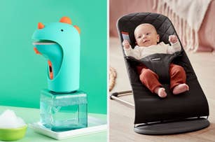 Dinosaur-shaped soap dispenser on left; content baby in a modern bouncer on right