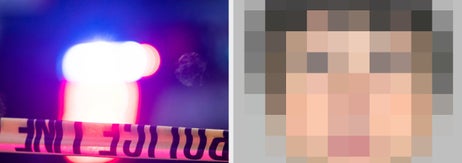 写真はぼやけている警察のライトとピクセル化された人物の顔を示しています。