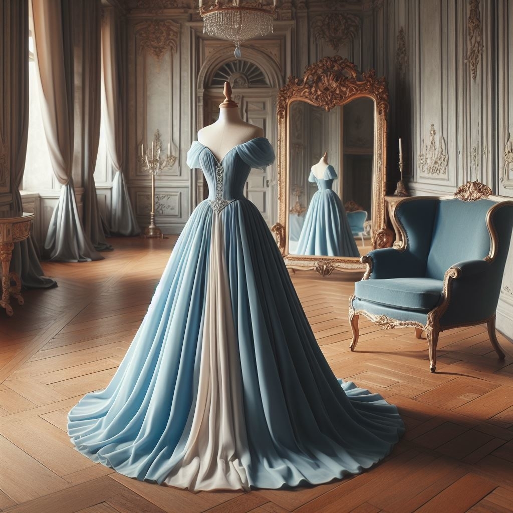 An elegant gown with a full skirt and fitted bodice displayed on a mannequin in an ornate room with vintage furniture
