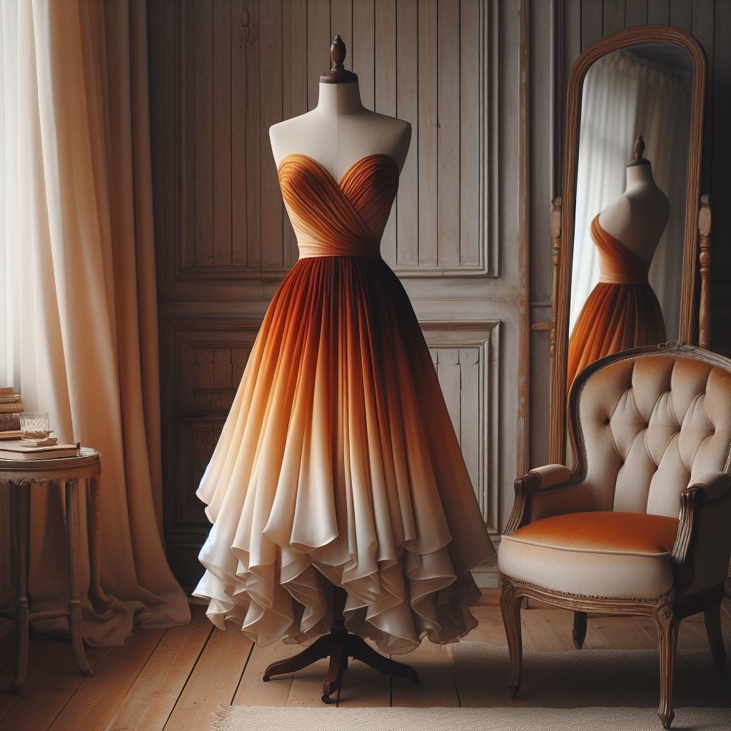 An elegant strapless gown with gradient design and a ruffled skirt on a mannequin, near a mirror and chair in a vintage room