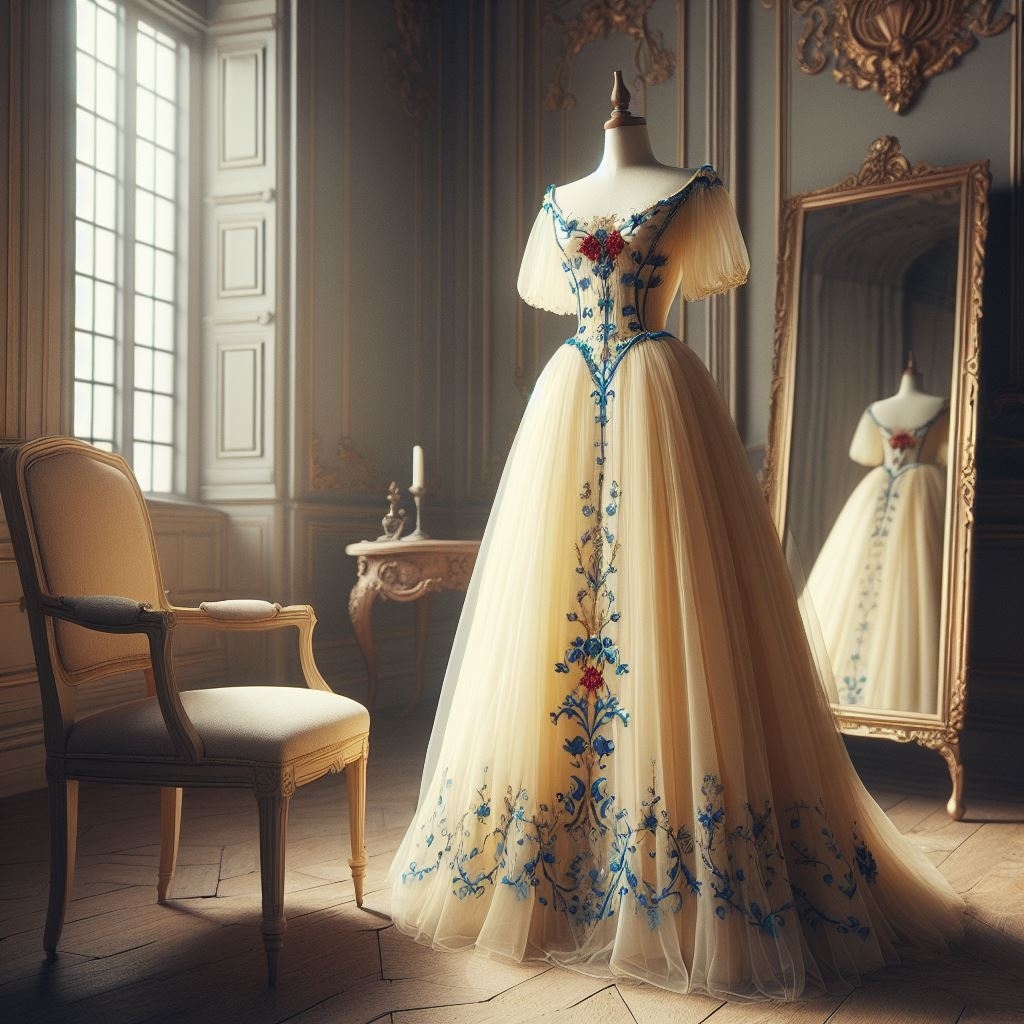 An elegant gown with floral embroidery on the bodice, the front of the skirt, and the bottom of the skirt, short, puffy sleeves, and a round neckline on mannequin in a vintage room with mirror and chair