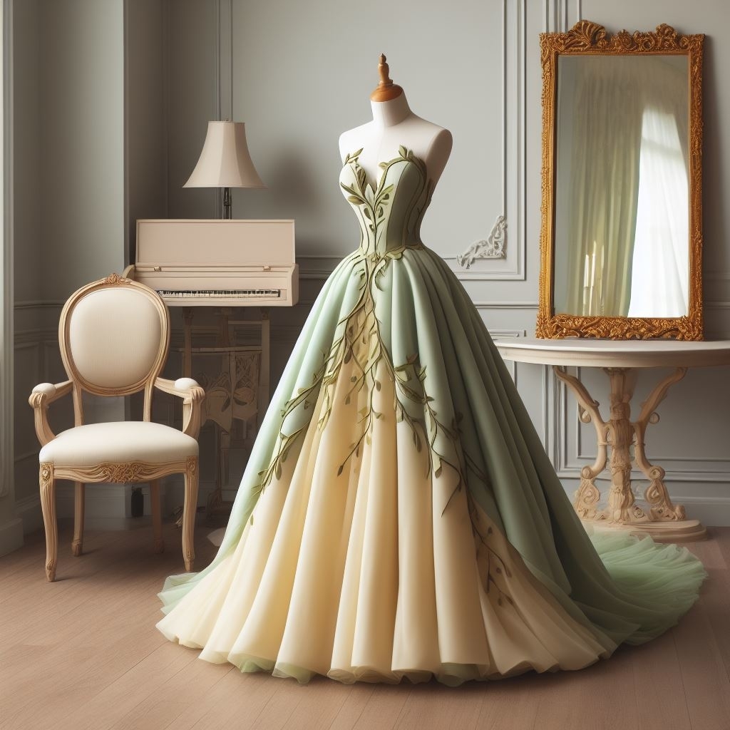 An elegant strapless ball gown with vine embroidery starting at the bodice and continuing down the skirt and a deep v neckline on display in a vintage room with a piano and mirror
