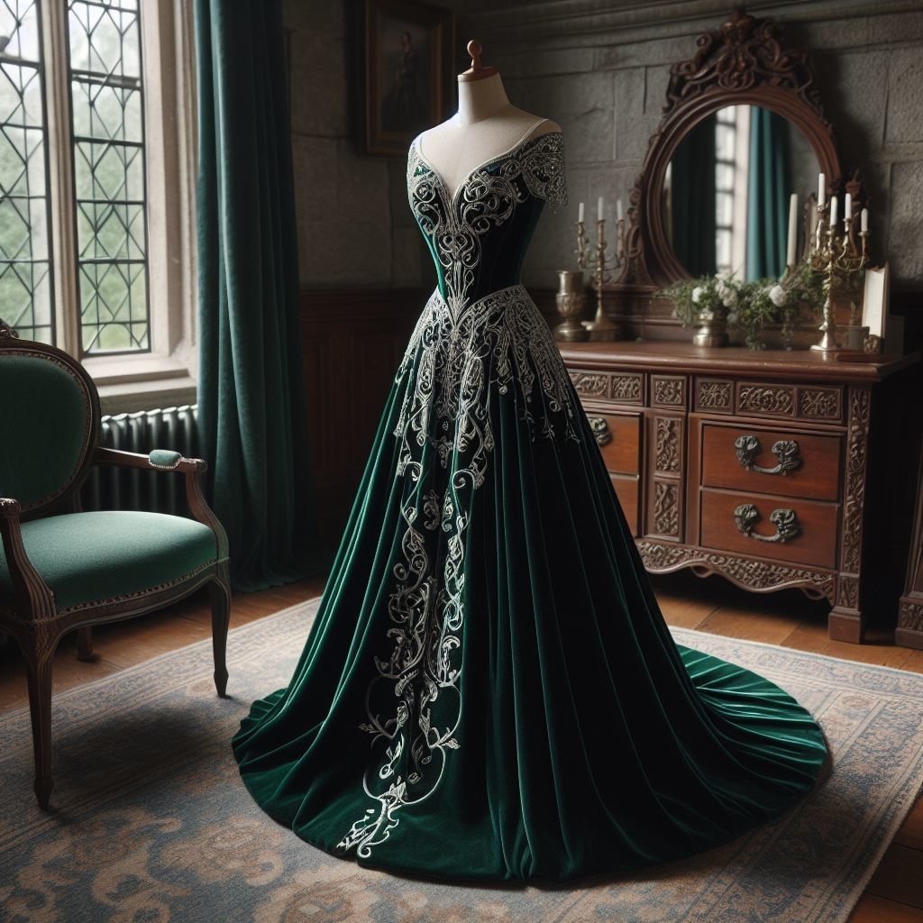 An elegant velvet evening gown on mannequin with detailed embroidery on the bodice and down the front of the skirt, set in a vintage room with antique furniture