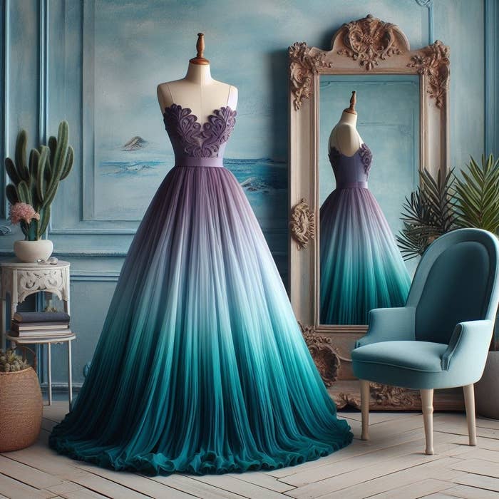 A mannequin draped in ombre gown with an ornate bodice, reflected in a mirror in a room with vintage decor