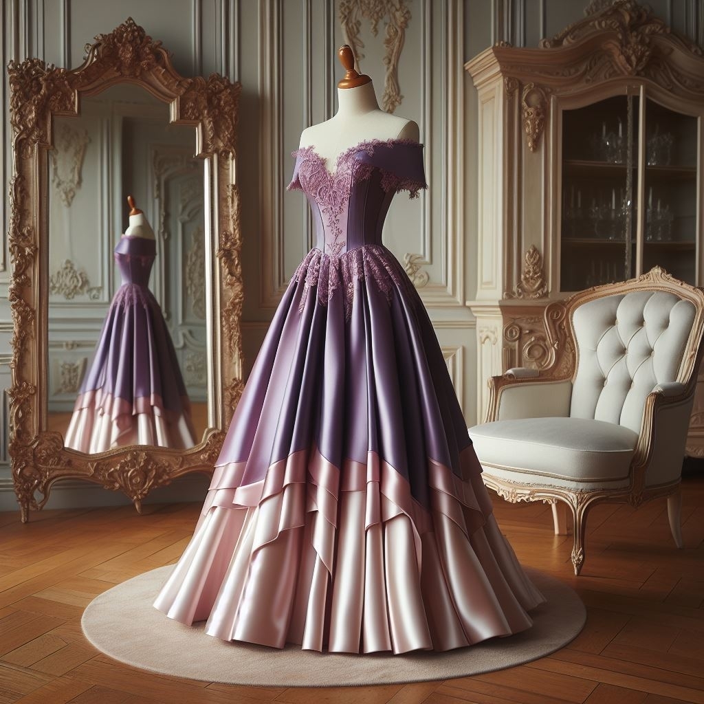 An elegant tiered dress with lace detailing on the bodice short, off-the-shoulder straps, and a sweetheart neckline, displayed in a room with a mirror and chai