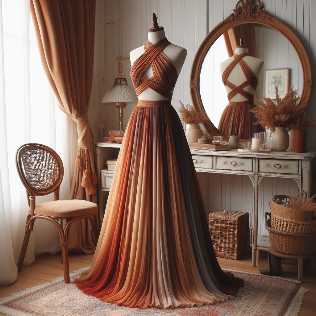 An elegant dress on a mannequin with a pleated ombré skirt, twisted halter top and a cutout on the torso, placed in a vintage room setting