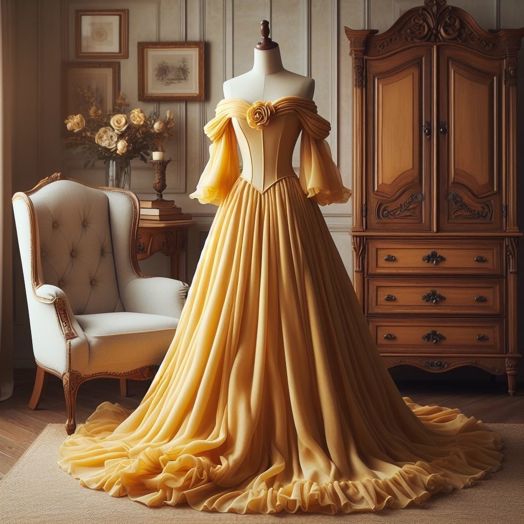 Elegant gown on a mannequin, with 3/4-length, off-the-shoulder sleeves, a bow details on the neckline, and a flowing skirt, displayed in a vintage room setting