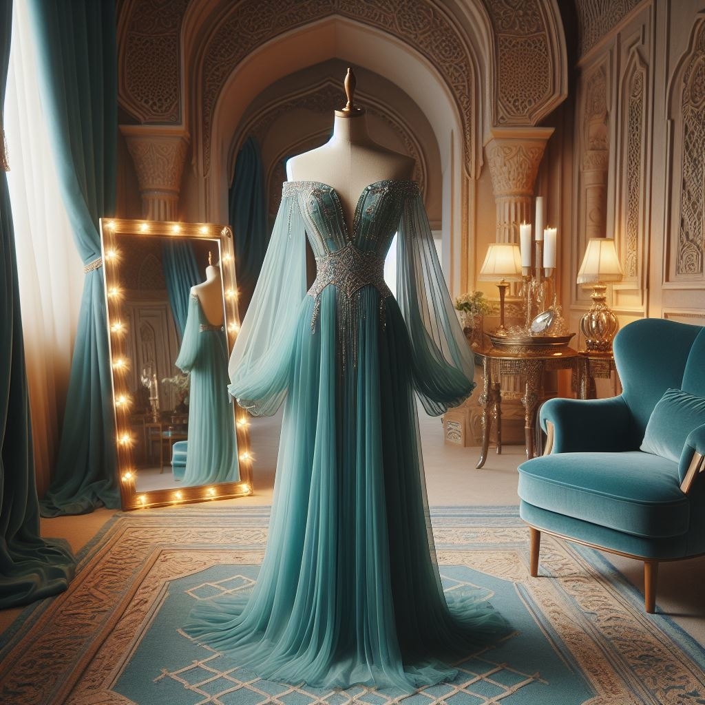 An Elegant long-sleeved gown on a mannequin with a deep v-neckline, sheer, off-the-shoulder sleeves, and intricate beading and details on the bodice