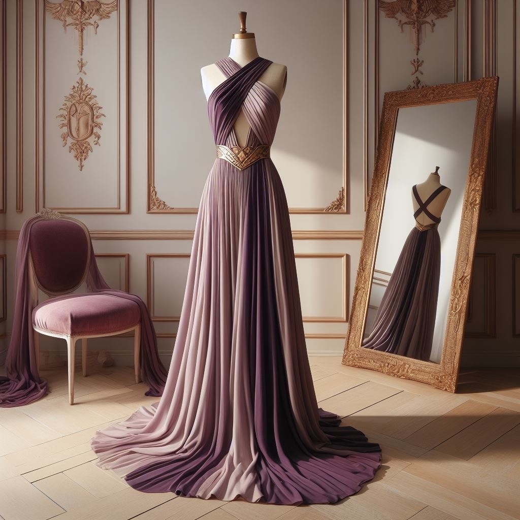 An elegant evening gown on mannequin with crisscross bodice, halter neckline, and flowing skirt in a room with mirror and chair