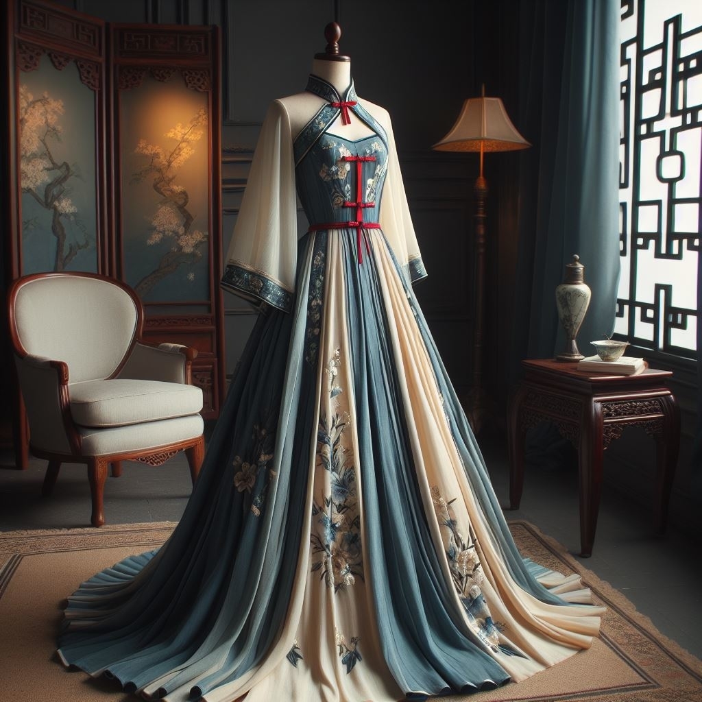 A traditional dress on a mannequin featuring a flowing skirt with flower details, a floral bodice with a sweetheart neckline, and 3/4-length, sheer sleeves displayed in an elegant room