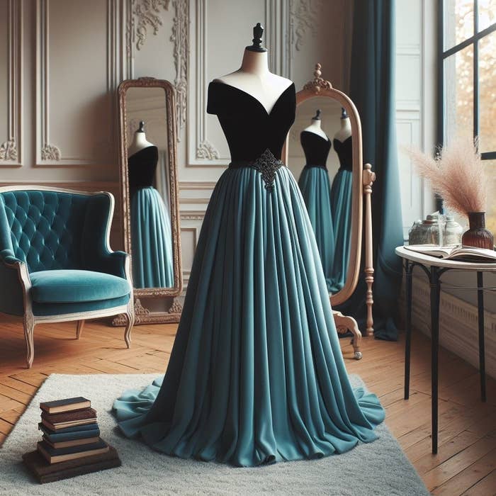 A mannequin wearing an elegant off-the-shoulder gown with a velvet bodice, and jewel at the waist, and a flowing skirt