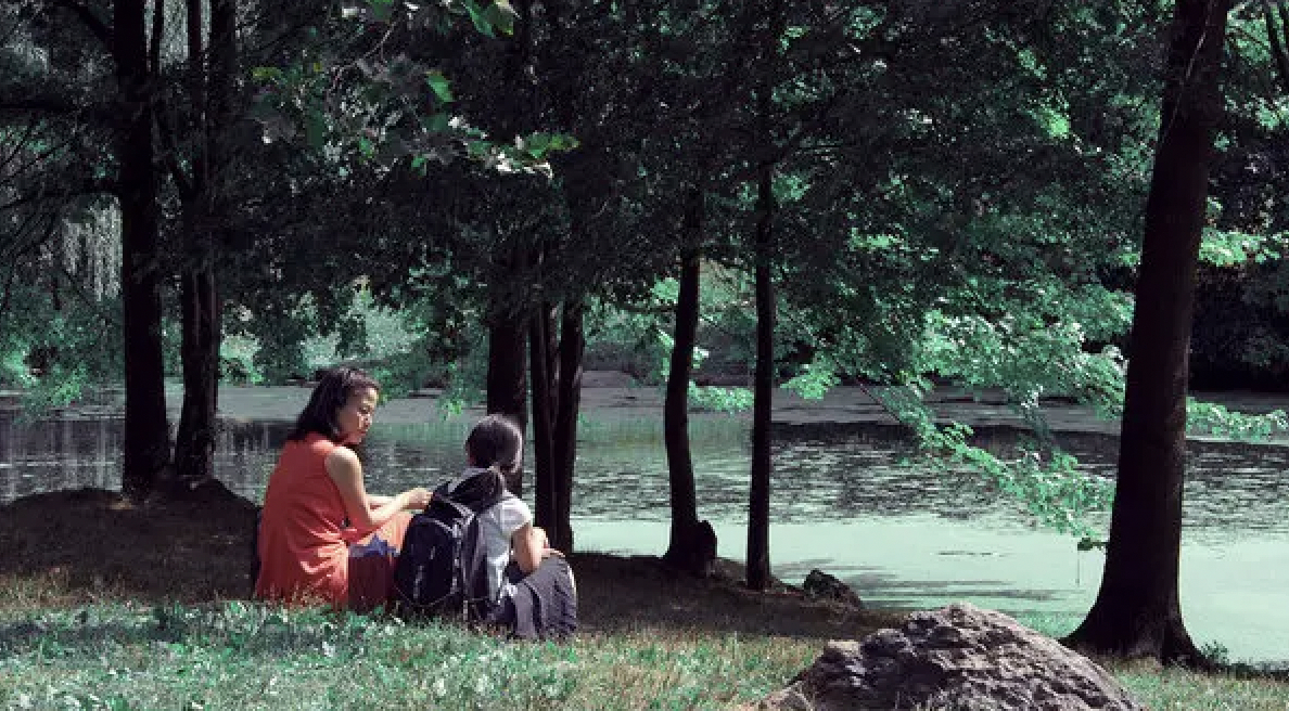 Two people sitting by a lake in a park, surrounded by trees